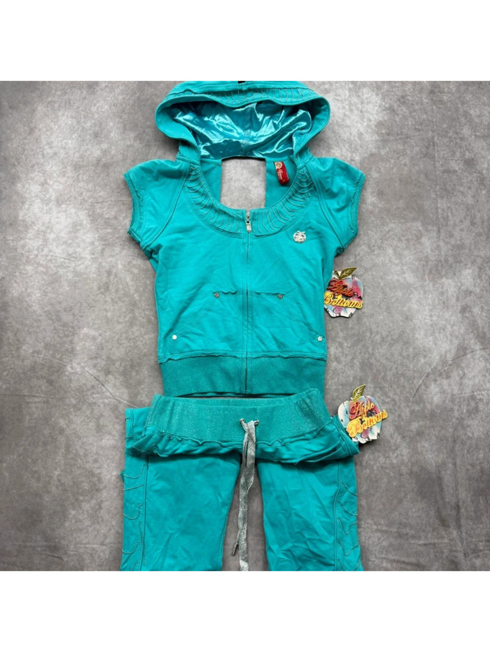 Vintage Apple Bottoms Turquoise Tracksuit Set NWT Y2K Short Sleeve Hoodie Pants